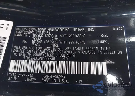 2022 Toyota Highlander Le из США, поврежденный, VIN 5TDBZRBH3NS566230